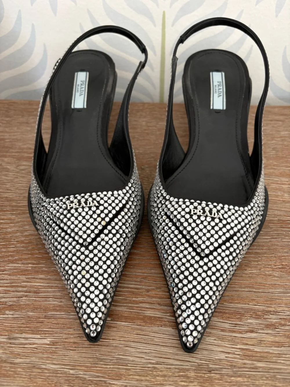 Prada Black Crystal-Studded Pointed Toe Slingback Kitten Heels - Worn 3 Times - Picture 2 of 4